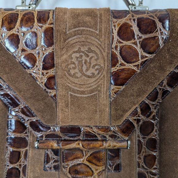 Vintage Italian Leather Purse – Embossed Croc & Suede – Metal Handle – Made in I - Picture 3 of 9